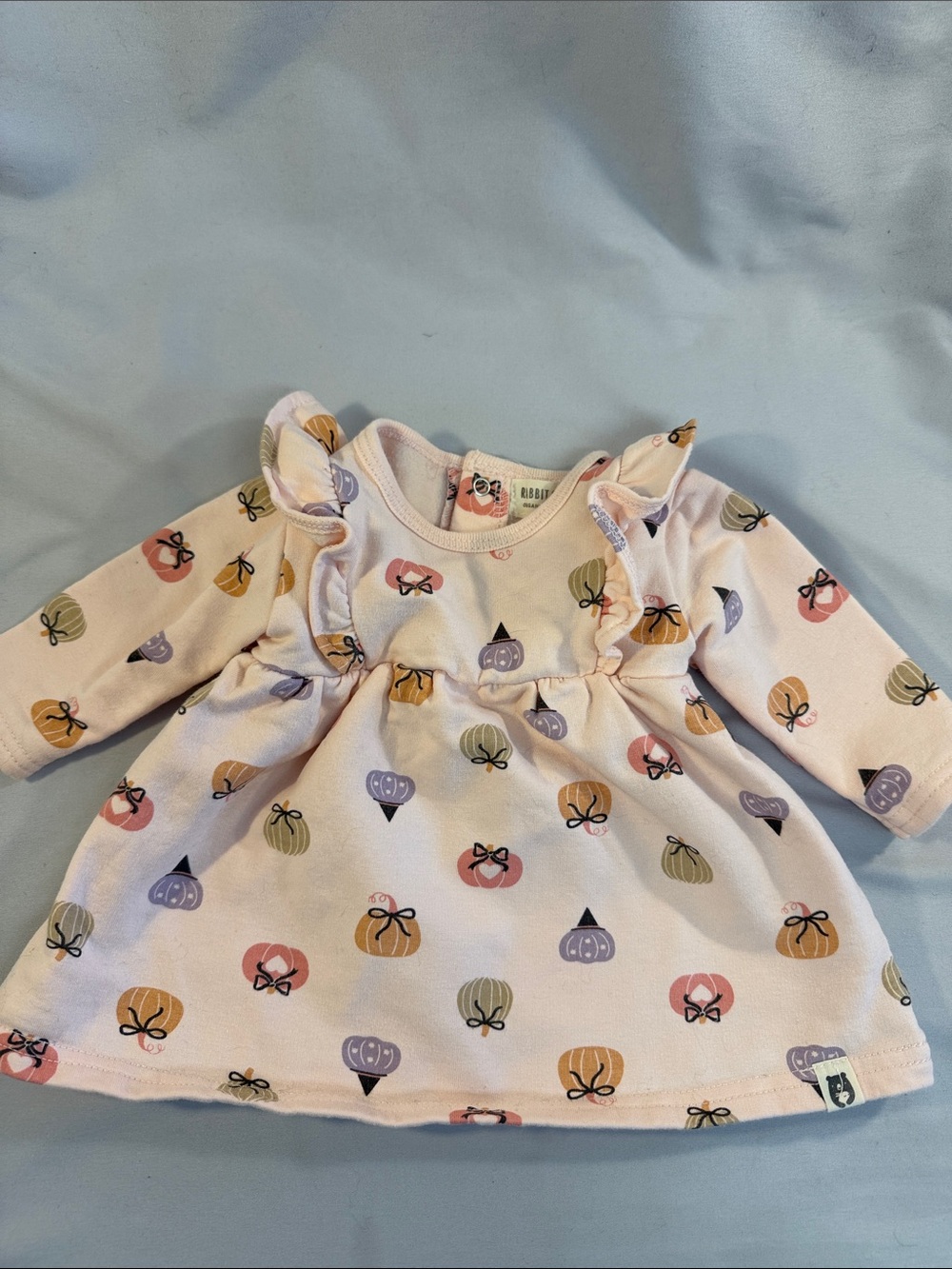 Rabbit + Bear - Girls Pink Pumpkin Print Ruffle Knit Dress